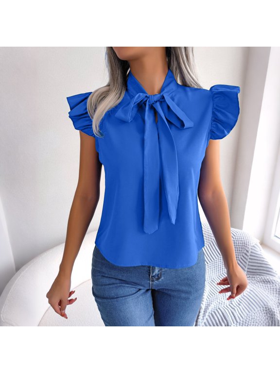 Oversized Tshirts for Women Women Bow Tie Neck Flutter 1/4 Sleeve Elegant Casual Tee Blue L