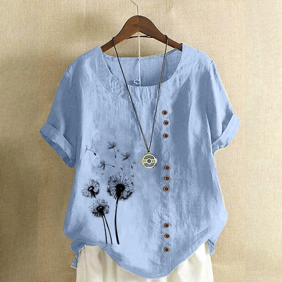 Oversized Tshirts for Women Women Casual And Linen Round-Neck Printed Short Sleeve Button T-shirt Blouse Light Blue XL