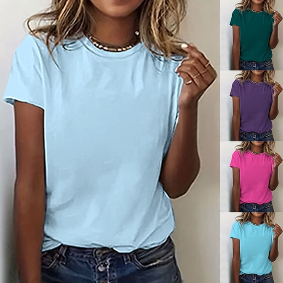 Oversized Tshirts for Women Women Classic Everyday Short Sleeve Solid Round Neck Basic Tee Purple XXL