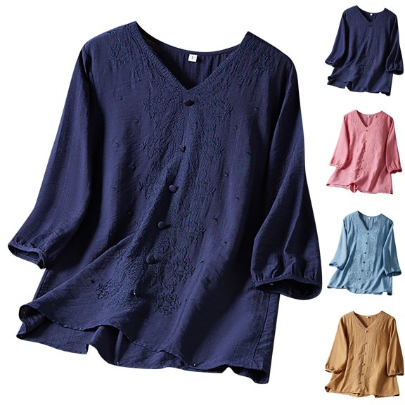 Oversized Tshirts for Women Women Summer Solid Chinese Embroidery Retro Heavy Industry Top Blue XXL
