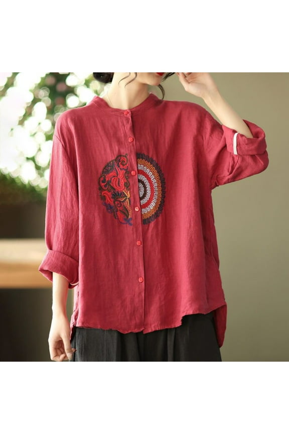 Oversized Tshirts for Women Women's Casual Large Size Literary Cotton Long Sleeved Shirt Loose Embroidered Top