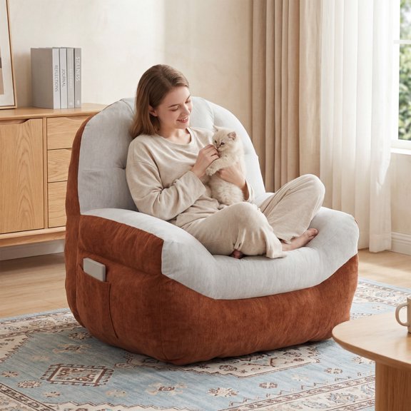 Oversized Tufted Bean Bag Chair, Two-Tone Soft Upholstered Accent Chair, Lightweight Low Profile Lounge Chair with Side Storage Pocket for Bedroom Reading Nook,Brown+beige.