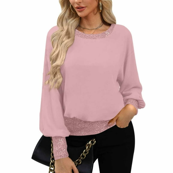 Oversized Tunic Tops for Women New Casual Women's Fashion Solid Color Round-Neck Long Sleeve Tops Sequins Blouse Style B-10 Pinky XL