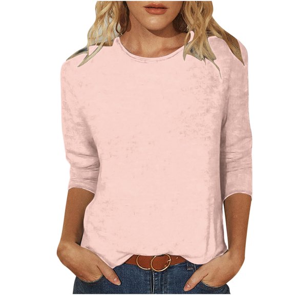 Oversized Tunic Tops for Women New Women's Fashion Solid Loose T-Shirt 3/4 Sleeves Blouse Round Neck Casual Pink M