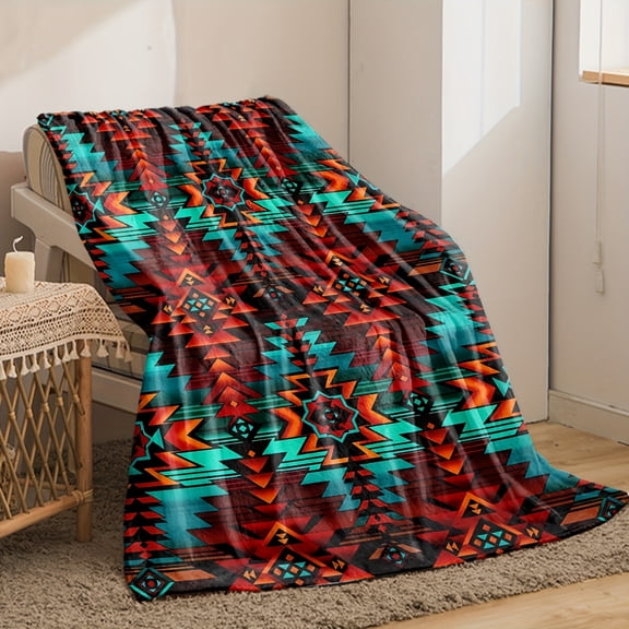 Oversized Turquoise Southwestern Bohemian Tribal Blanket - Large Soft Bedspread, Couch Cover & Beach Towel - Multicolor All-Season Luxury Bedding