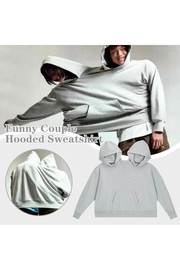 Oversized "Two-Person" Couple's Hoodie, Creative Double-Collar Joint Sweatshirt for Intimate Snuggling, Fun One-Size Pullover for Lovers, Friends & Anniversaries - Classic Gray