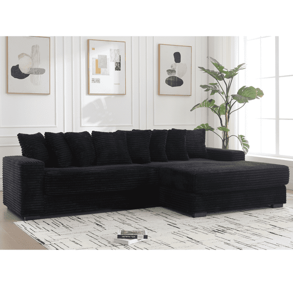 Oversized Two-Piece Couches, L Shaped Sofa with Armrests, Corduroy Chaise Daybed with Eight Throw Pillows,Corner Sofa for Living Room,Easy To Assemble, Black