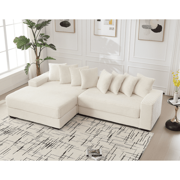 Oversized Two-Piece Couches, L Shaped Sofa, Corduroy, Left Chaise Daybed with Armrests, Eight Throw Pillows, Corner Sofa, Easy to Assemble (Beige)