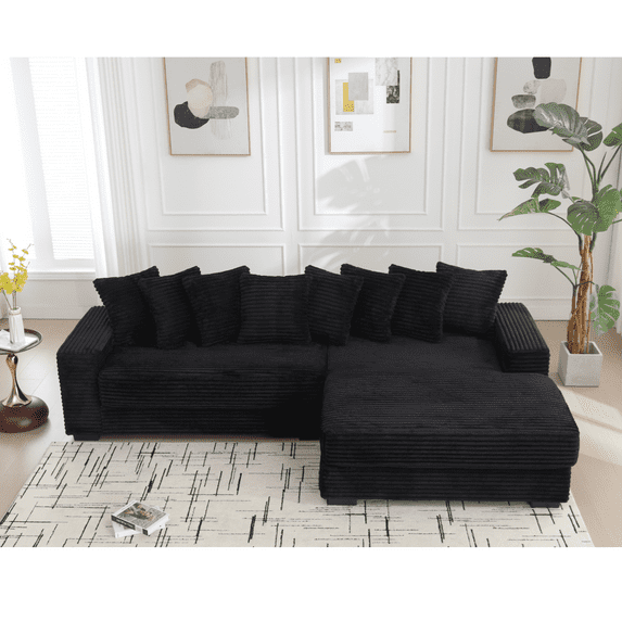 Oversized Two-Piece Couches, L Shaped Sofa, Corduroy, Right Chaise Daybed with Armrests, Eight Throw Pillows, Corner Sofa, Easy to Assemble (Black)