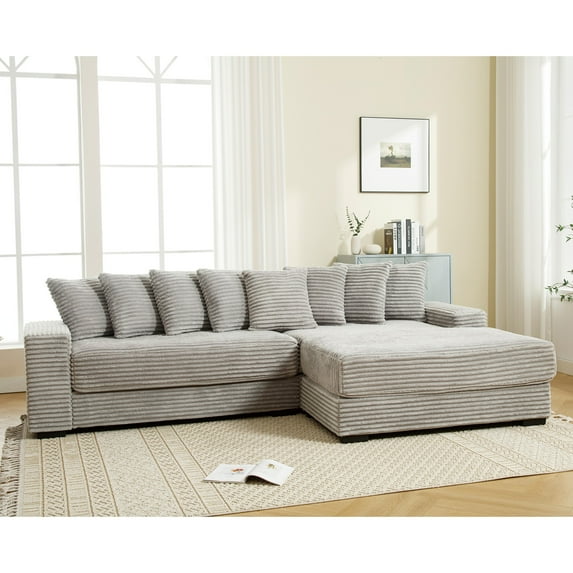 Oversized Two-Piece Couches, L Shaped Sofa, Corduroy, Right Chaise Daybed with Armrests, Eight Throw Pillows, Corner Sofa, Easy to Assemble (Gray)