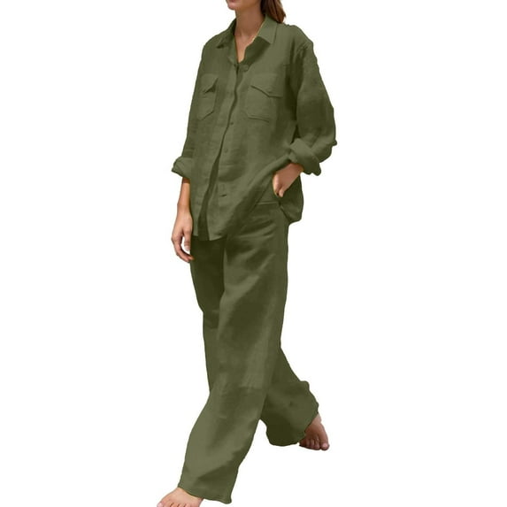 Oversized Two Piece Travel Sets for Women Plus Size Linen Wide Leg Pants Long Sleeve Button Shirt Lounge Streetwear Sets Vacation Going Out Outfits (Green,3X-Large)