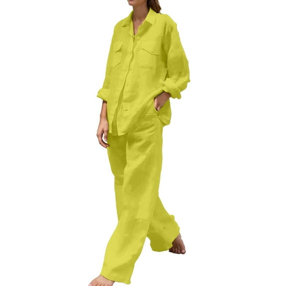 Oversized Two Piece Travel Sets for Women Plus Size Linen Wide Leg Pants Long Sleeve Button Shirt Lounge Streetwear Sets Vacation Going Out Outfits (Yellow,3X-Large)