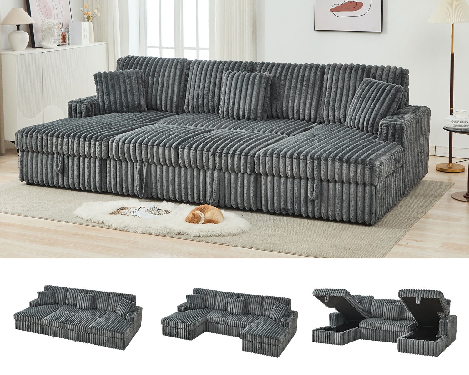 Oversized U-Shaped Sectional Sleeper Sofa with Pull Out Bed, Dual ...