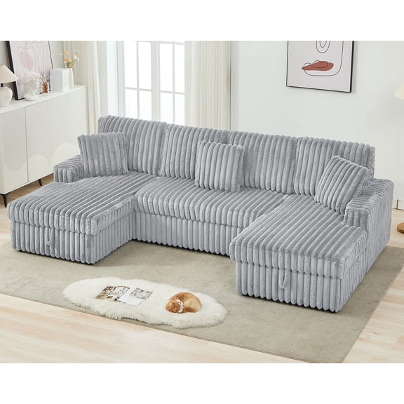 Oversized U-Shaped Sectional Sleeper Sofa with Pull Out Bed, Dual Storage Chaise, 6 Seats, 3 Pillows, Fuzzy Plush,122 Inch,Gray