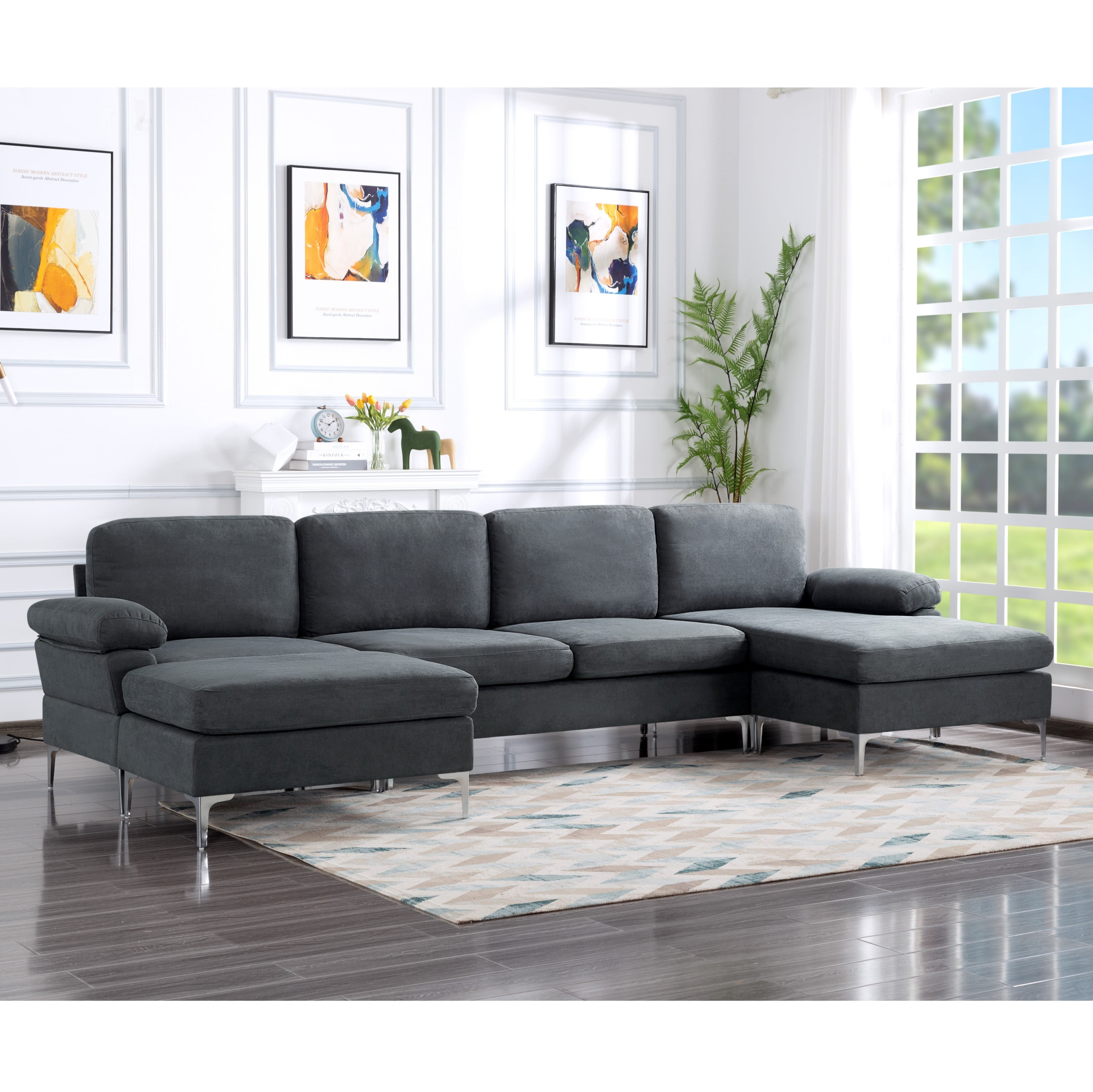 Oversized U-Shaped Sectional Sofa Couch,Convertible Modular Sofa,Upholstered Sleeper Sofa Couches with Reversible Chaise Lounge and Movable Ottomans for Living Room,Dark gray
