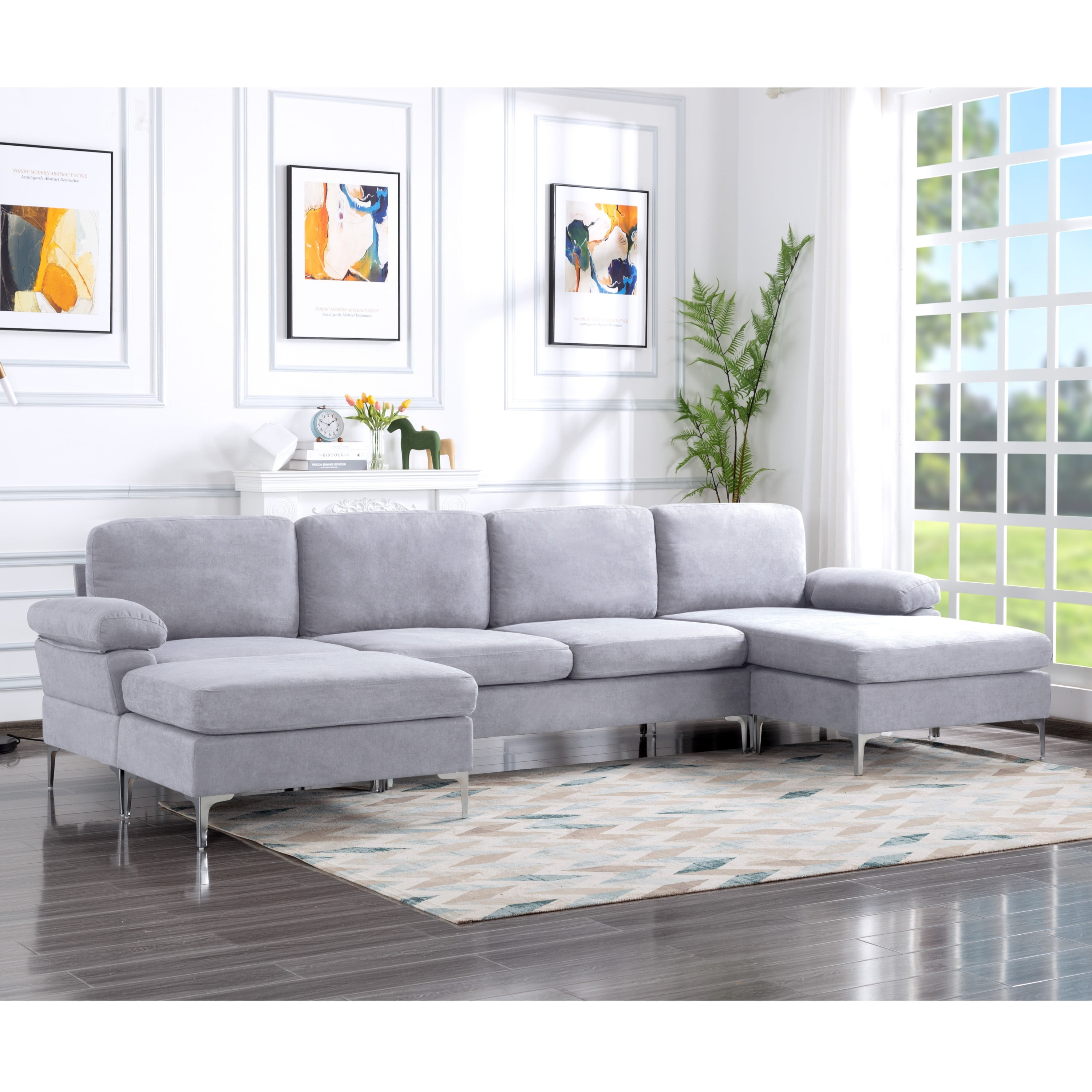 Oversized U-Shaped Sectional Sofa Couch,Convertible Modular Sofa,Upholstered Sleeper Sofa Couches with Reversible Chaise Lounge and Movable Ottomans for Living Room,Light gray