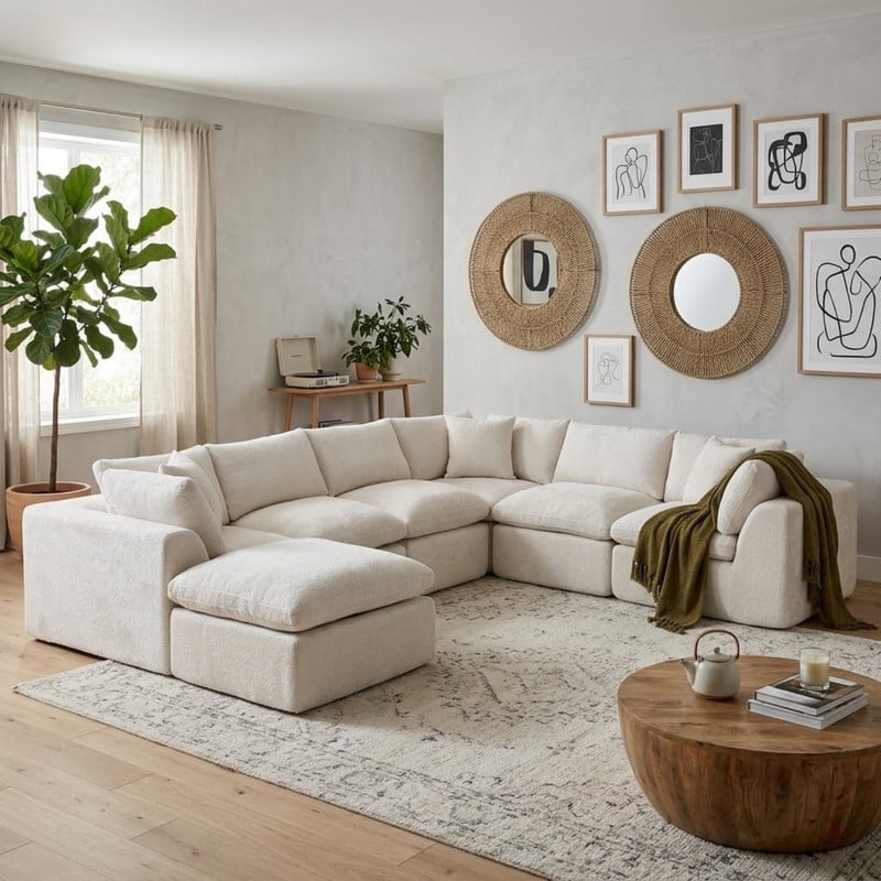 Oversized U-Shaped Sectional Sofa with Ottoman, 7-Seater Chenille Modular Sofa with Deep Seat, Cloud Sofa Boneless Couch for Living Room Apartment