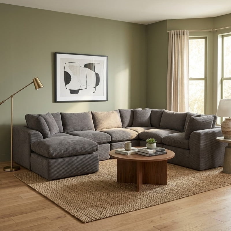 Oversized U-Shaped Sectional Sofa with Ottoman, 7-Seater Chenille Modular Sofa with Deep Seat, Cloud Sofa Boneless Couch for Living Room Apartment