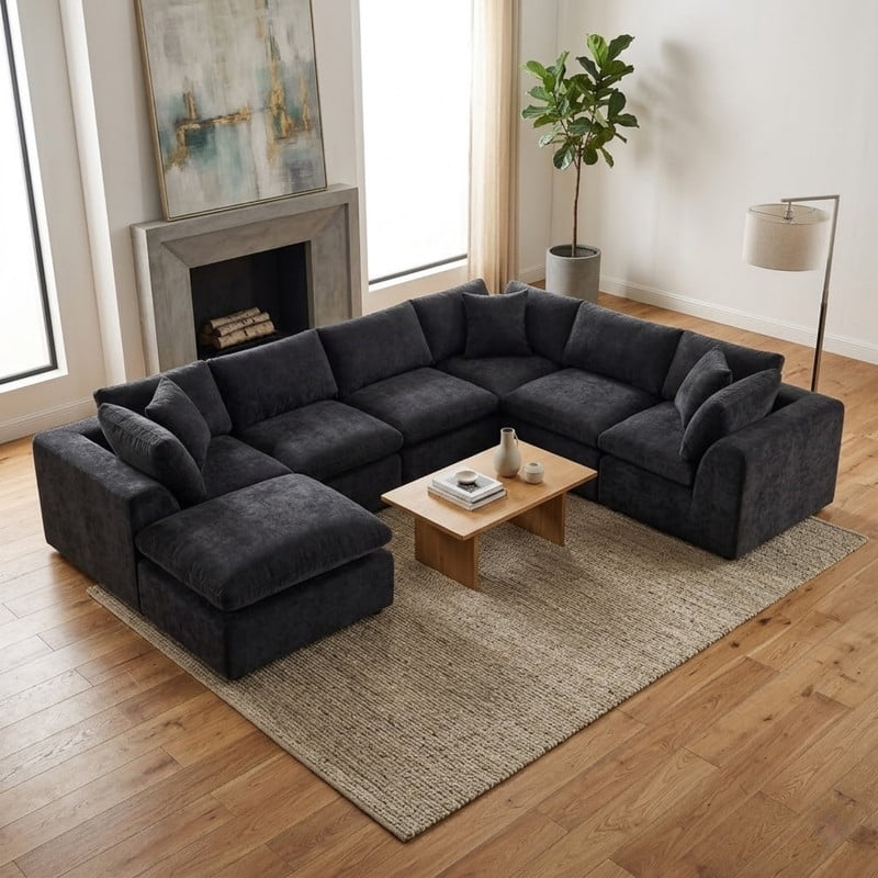 Oversized U-Shaped Sectional Sofa with Ottoman, 7-Seater Chenille Modular Sofa with Deep Seat, Cloud Sofa Boneless Couch for Living Room Apartment
