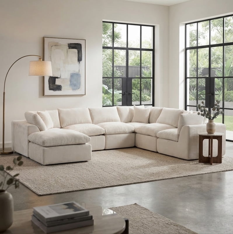 Oversized U-Shaped Sectional Sofa with Ottoman, 7-Seater Modular Chenille Cloud Couch, Deep Seat Frameless Sofa for Living Room, Apartment, Office