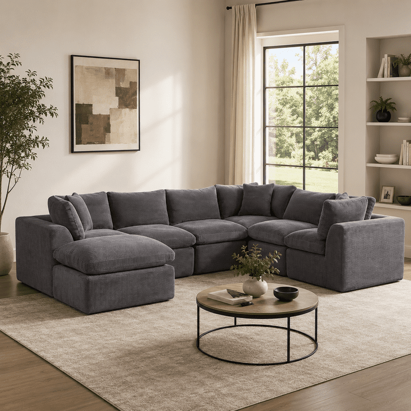 Oversized U-Shaped Sectional Sofa with Ottoman, 7-Seater Modular Chenille Cloud Couch, Deep Seat Frameless Sofa for Living Room, Apartment, Office