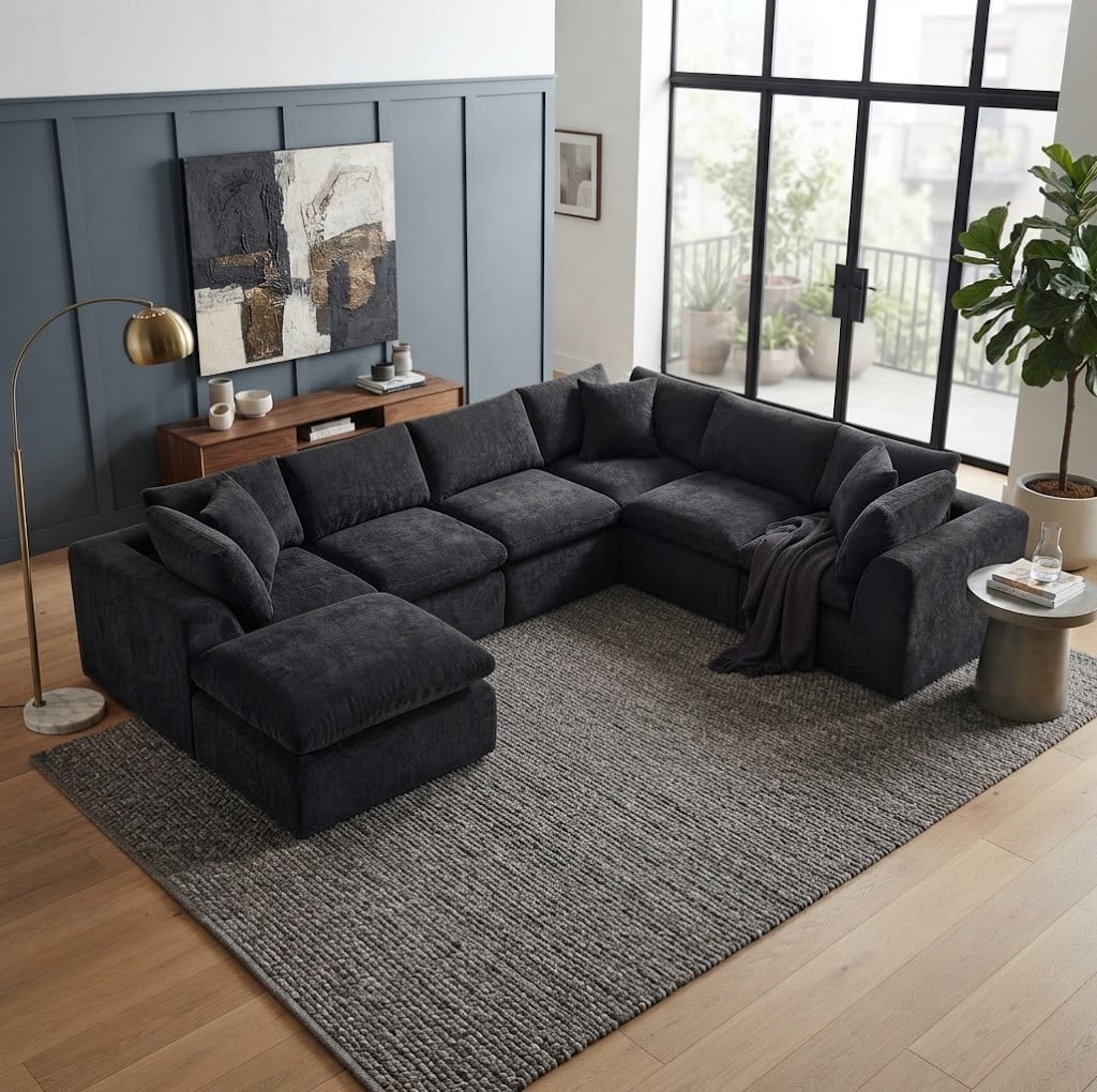 Oversized U-Shaped Sectional Sofa with Ottoman, 7-Seater Modular Chenille Cloud Couch, Deep Seat Frameless Sofa for Living Room, Apartment, Office