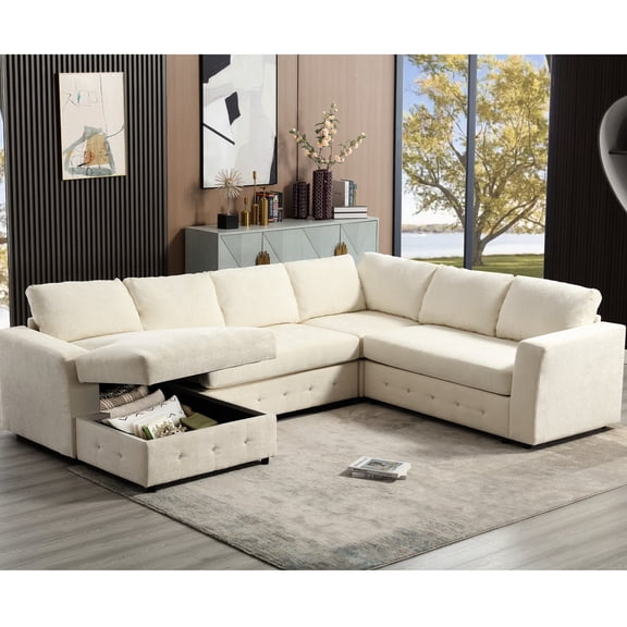 Oversized U-shaped Chenille Storage Sofa / Enjoy Durable & Breathable Fabric in Your Apartment
