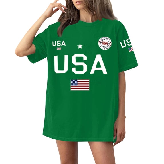Oversized USA Tshirts Women Loose American Flag Short Sleeve Patriotic Tops Pullover Crewneck Funny Graphic Tees Green, 3XL