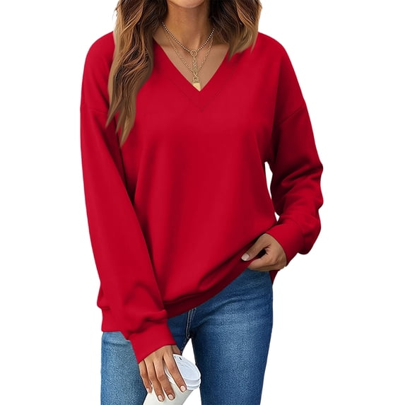Oversized V Neck Long Sleeve Fleece Casual Pullover Sweatshirt for Women | Polyester Warm Autumn Layering Top, Daily Casual Weekend Outing Wear, Baggy Long Sleeve Pullover for Plus Size Women,2XL