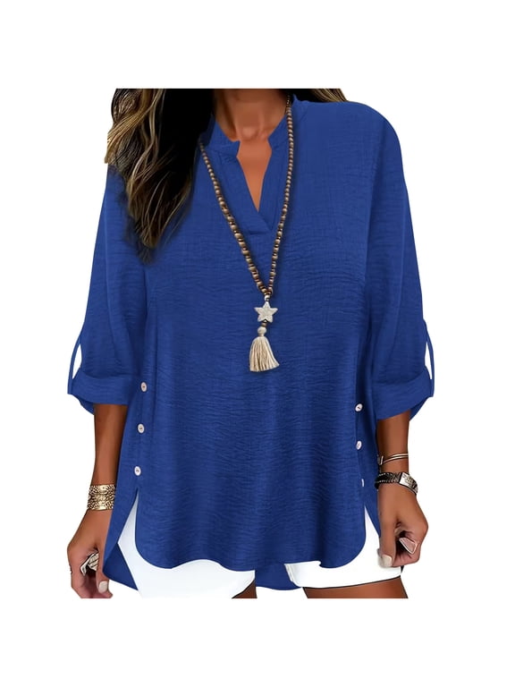 Oversized V-Neck Tees, Side Split Button Rolled Long Sleeve High-Low T-Shirt, Women’s