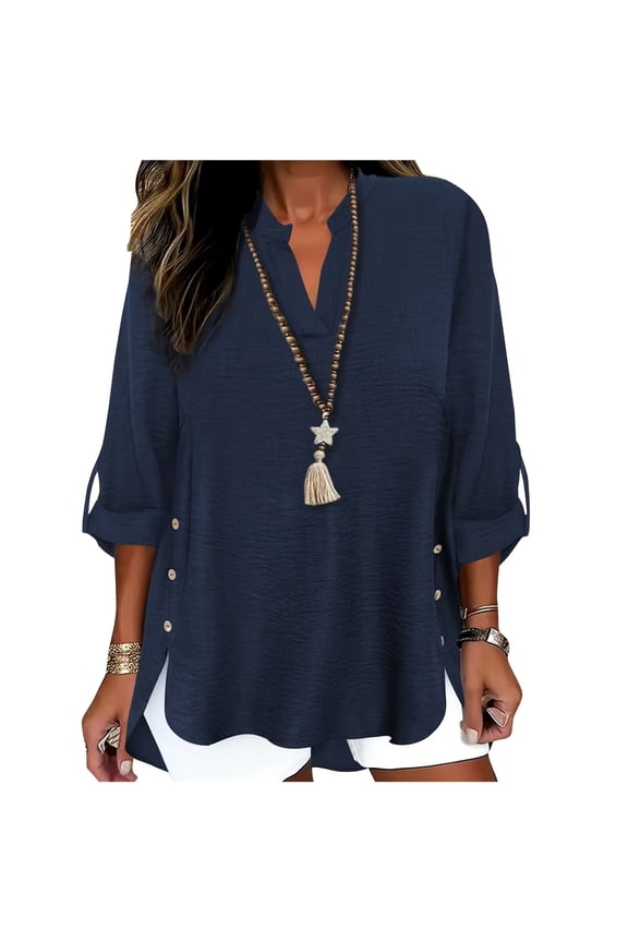 Oversized V-Neck Tees, Side Split Button Rolled Long Sleeve High-Low T-Shirt, Women’s