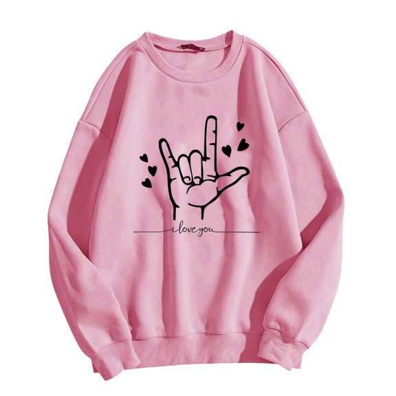 Oversized Valentine Graphic Sweatshirt for Women Heart Shirts I Love You Printed Crewneck Long Sleeve Trendy Fall Pullover Tops