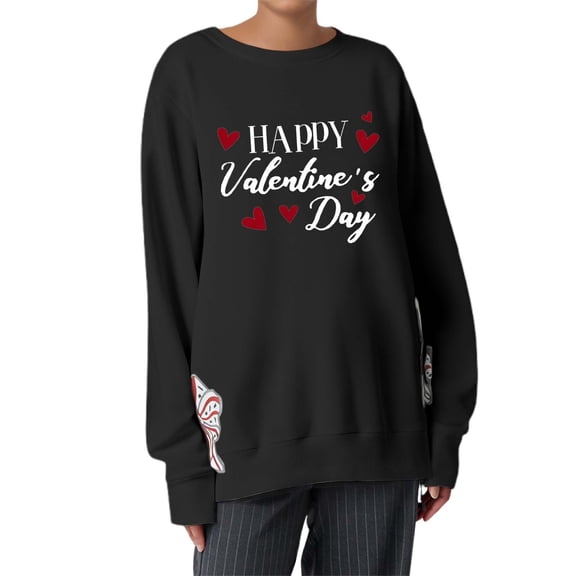 Oversized Valentine's Day Sweatshirts for Women Love Heart Shirts Floral Print Side Embroidery Bow Crewneck Long Sleeve Gifts Clothes Tops