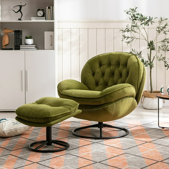 Oversized Velvet Swivel Chair with Ottoman - Stable Design for Large Users, Modern Medieval Lounge Set, Green
