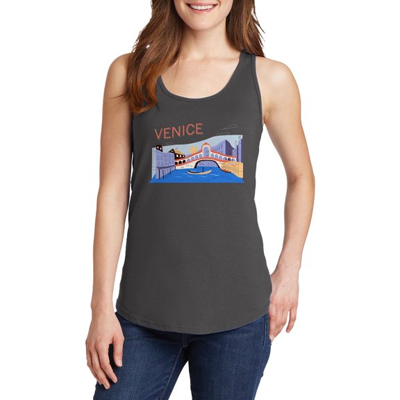 Oversized Venice Landscape Ladies Core Cotton Tank Top - Charcoal 2XL