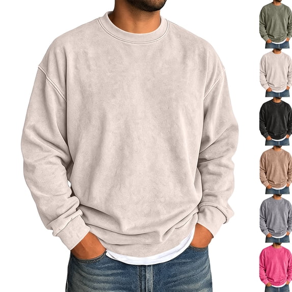 Oversized Vintage Crewneck Sweatshirt Men Acid Wash Cotton Baggy Trendy Streetwear Long Sleeve Shirts Pullover Tops Beige S