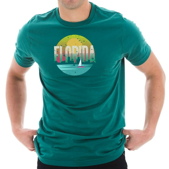 Oversized Vintage Florida Sunset Graphic Design Short Sleeve Cotton Jersey T-Shirt - Teal XL