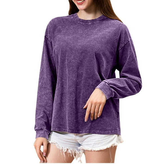 TYGHBN Oversized Vintage Long Sleeve Tees for Same Gender Design Wash T Shirts Casual Loose Fit Basic Crewneck Tops Casual V Neck Women Womens Athletic Clothes Womens Stripes Shirt Space Apparel