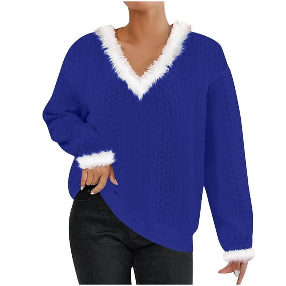 Oversized Waffle Knit Sweaters for Women Long Sleeve V Neck Pullover Top Winter Casual Loose Solid Color Blouses (Blue M)