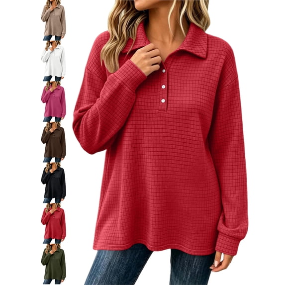Oversized Waffle Knit Top for Women Lapel Button Collar Long Sleeve Plaid Loose Basic Casual Everyday Sweatshirt