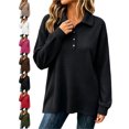 thumbnail image 1 of Oversized Waffle Knit Top for Women Lapel Button Collar Long Sleeve Plaid Loose Basic Casual Everyday Sweatshirt, 1 of 9
