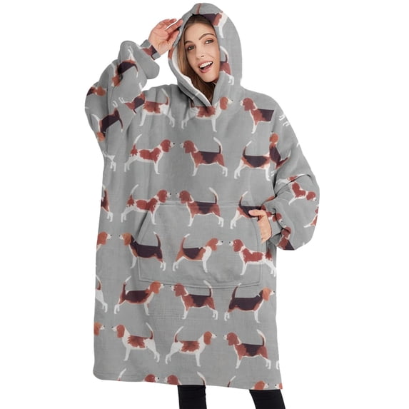 Oversized Wearable Blanket Hoodie,Animal Beagle Cute Dog Sherpa Blanket Hoodie with Super Pockets,Super Warm Fuzzy Pullover for Women & Men