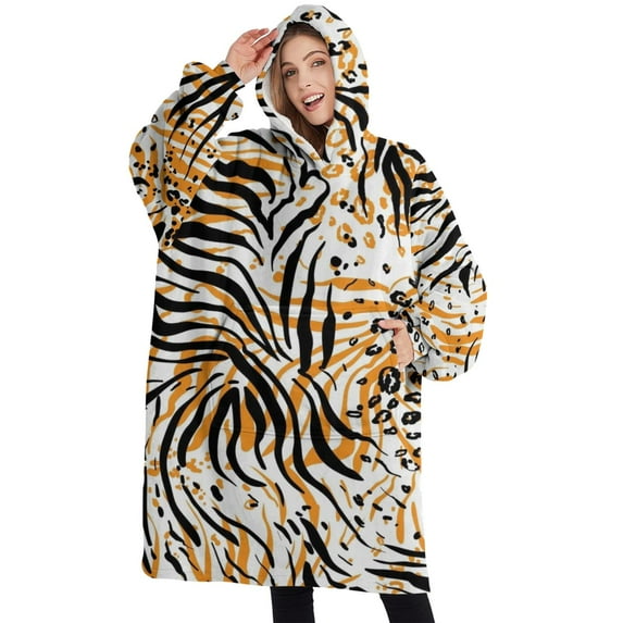 Oversized Wearable Blanket Hoodie,Animal Print Pattern Sherpa Blanket Hoodie with Super Pockets,Super Warm Fuzzy Pullover for Women & Men