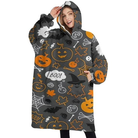 Oversized Wearable Blanket Hoodie,Autumn Halloween Scene Pattern Sherpa Blanket Hoodie with Super Pockets,Super Warm Fuzzy Pullover for Women & Men
