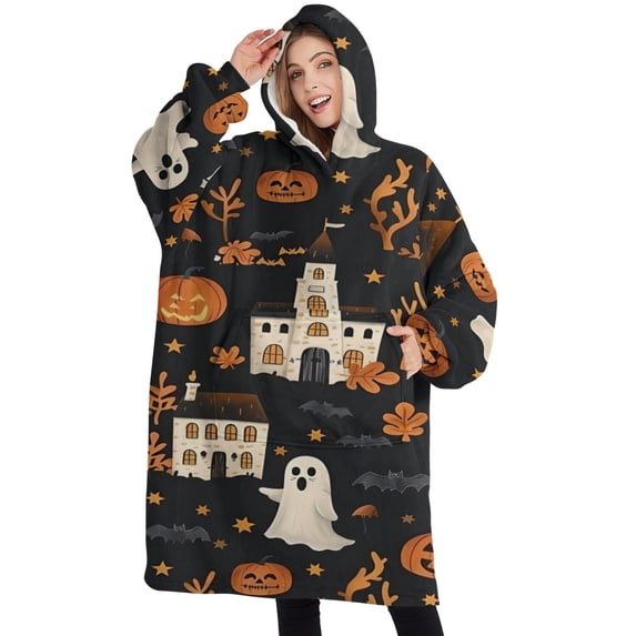 Oversized Wearable Blanket Hoodie,Autumn Halloween Scene Pattern Sherpa Blanket Hoodie with Super Pockets,Super Warm Fuzzy Pullover for Women & Men