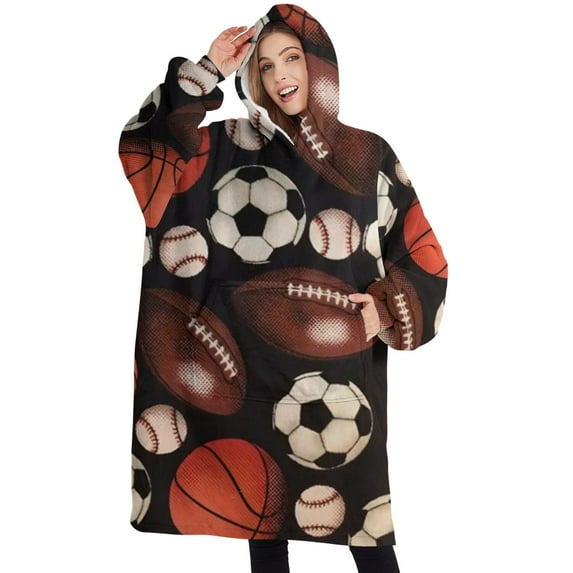 Oversized Wearable Blanket Hoodie,Baseball Football Pattern Sherpa Blanket Hoodie with Super Pockets,Super Warm Fuzzy Pullover for Women & Men