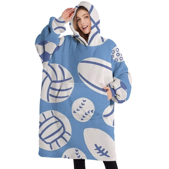 Oversized Wearable Blanket Hoodie,Baseball Football Pattern Sherpa Blanket Hoodie with Super Pockets,Super Warm Fuzzy Pullover for Women & Men