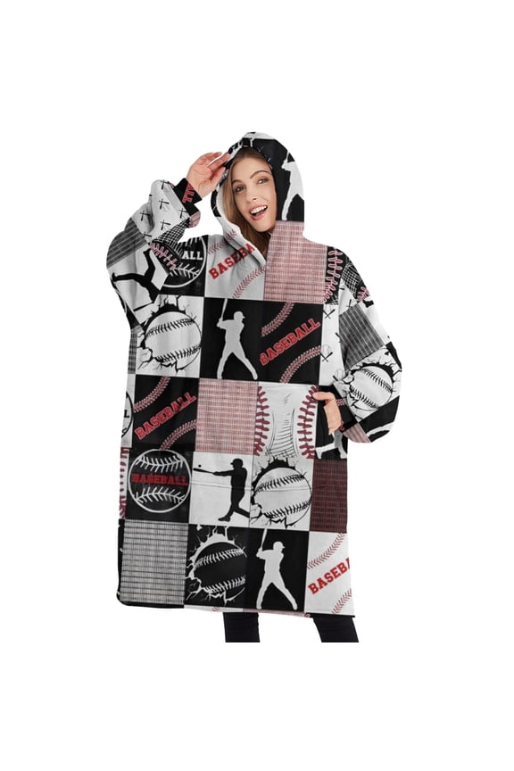 Oversized Wearable Blanket Hoodie,Baseball Patchwork Pattern Sherpa Blanket Hoodie with Super Pockets,Super Warm Fuzzy Pullover for Women & Men