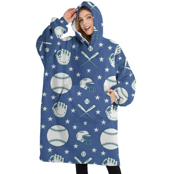 Oversized Wearable Blanket Hoodie,Baseball Stars Pattern Sherpa Blanket Hoodie with Super Pockets,Super Warm Fuzzy Pullover for Women & Men