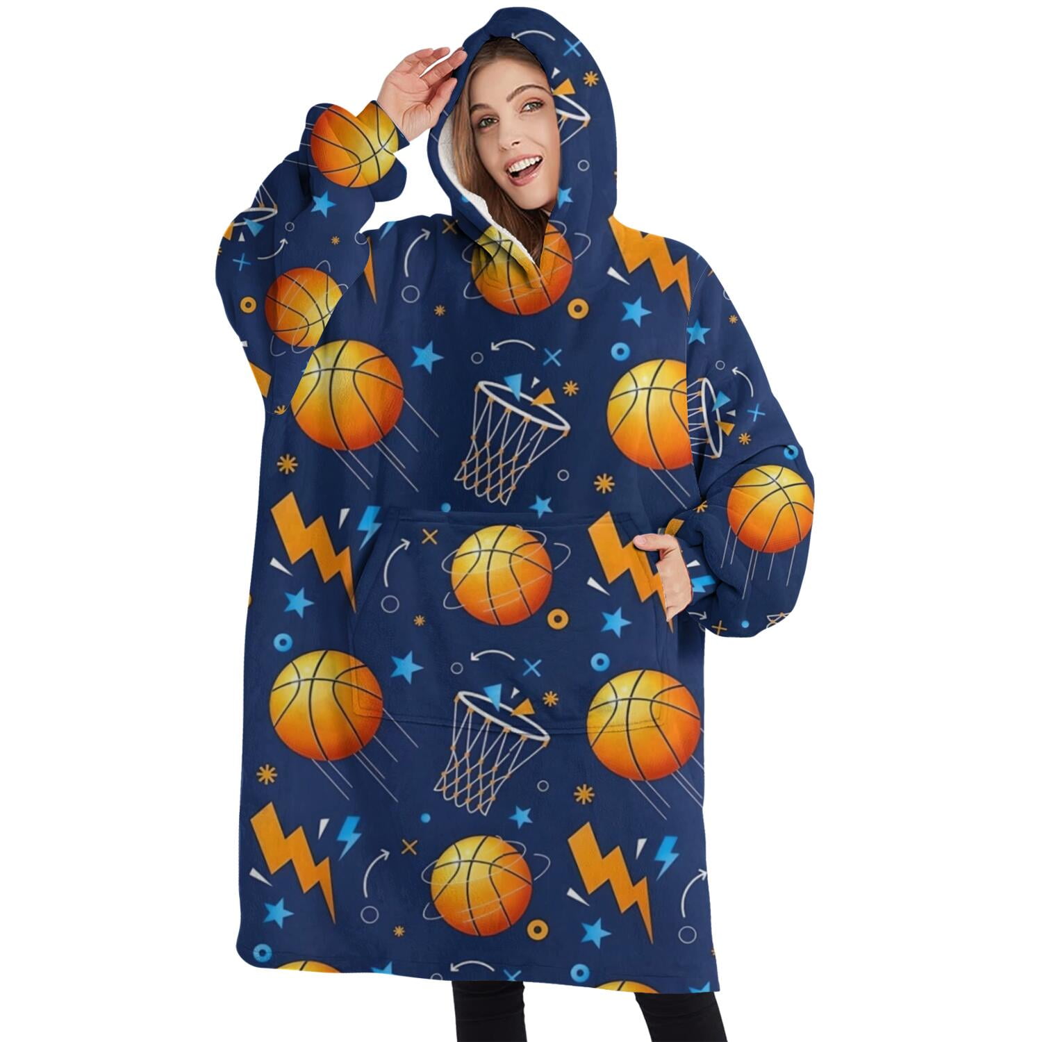 Oversized Wearable Blanket Hoodie,Basketball Theme Pattern Sherpa Blanket Hoodie with Super Pockets,Super Warm Fuzzy Pullover for Women & Men